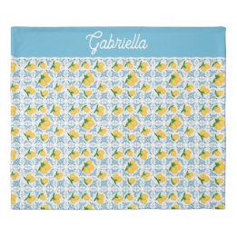 French Country Lemon Blue Tile Pattern Name Duvet Cover
