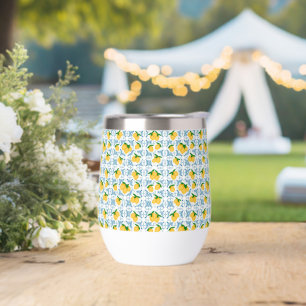 French Country Lemon Blue Tile Pattern Thermal Wine Tumbler