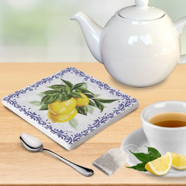 French Country Lemon Trivet with Blue Toile Border (White Kitchen Trivet with Lemons and Leaves surrounded by Blue Toile Filigree)