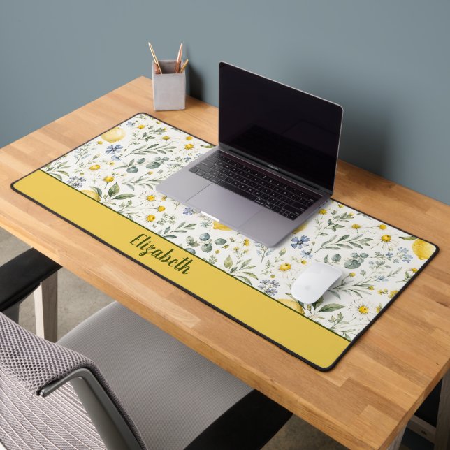 French Country Lemon Wildflower Custom Name Desk Mat (Office 2)