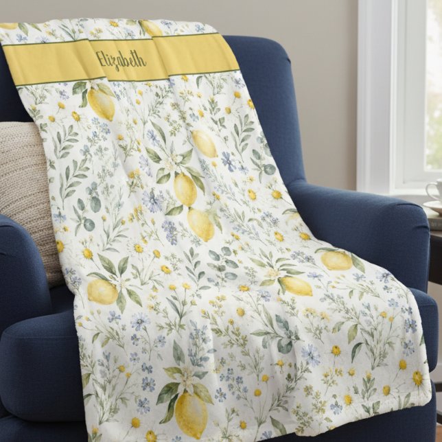 French Country Lemon Wildflower Custom Name Fleece Blanket (Creator Uploaded)