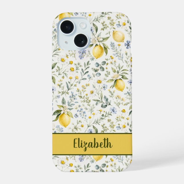 French Country Lemon Wildflower Custom Name  iPhone 15 Case (Back)