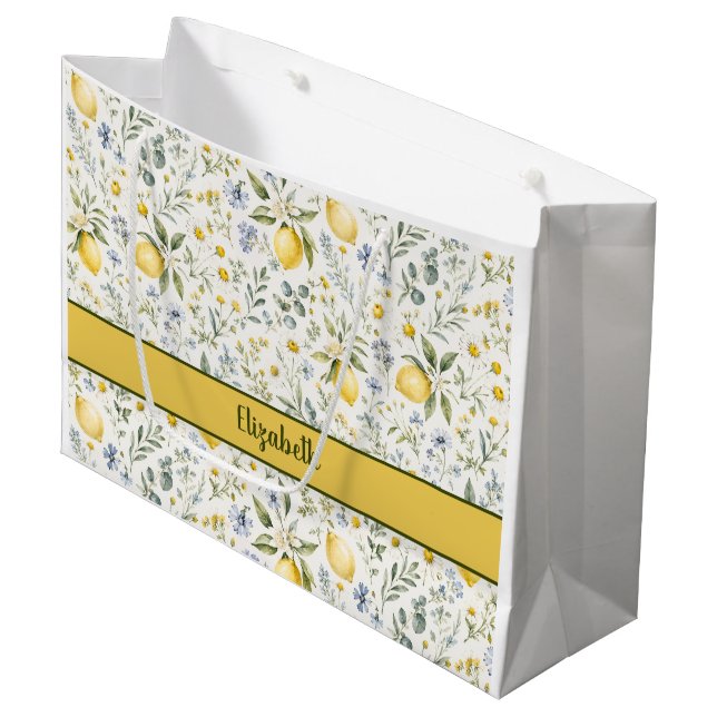 French Country Lemon Wildflower Custom Name  Large Gift Bag (Front Angled)