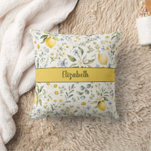 French Country Lemon Wildflower Custom Name Throw Pillow