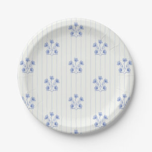 French Country Light Blue Flower Stripes Paper Plates