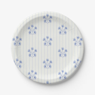 French Country Light Blue Flower Stripes Paper Plates