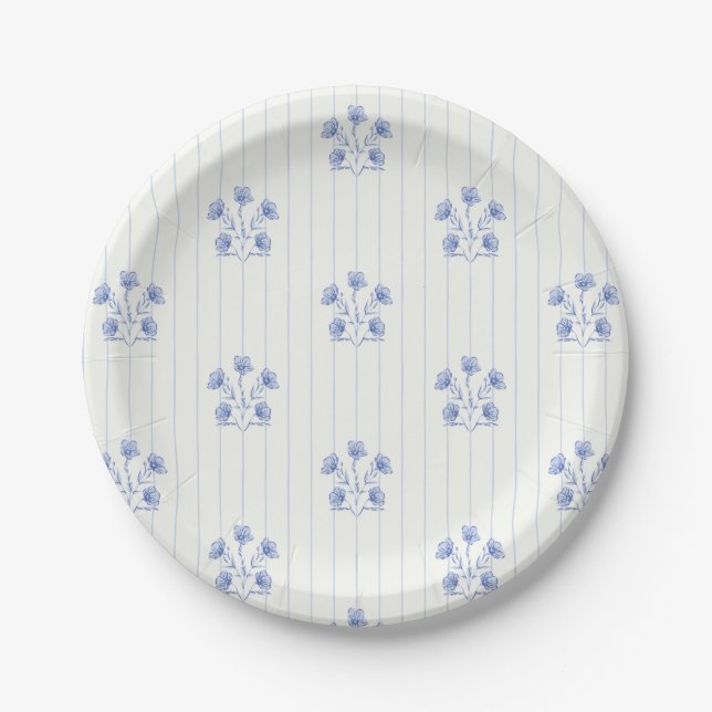 French Country Light Blue Flower Stripes Paper Plates (Front)