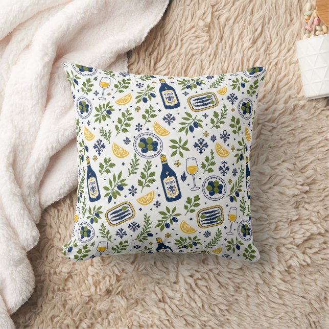 French Country Mediterranean Olive Wine Pattern Throw Pillow (Blanket)