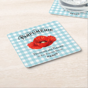 French Country Perfume Red Poppy Teal Checkered Square Paper Coaster