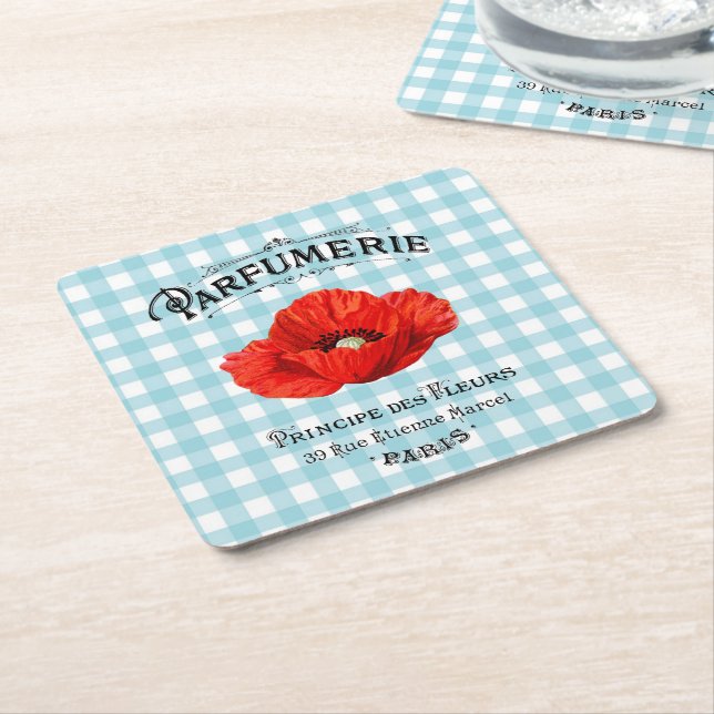 French Country Perfume Red Poppy Teal Checkered Square Paper Coaster (Angled)