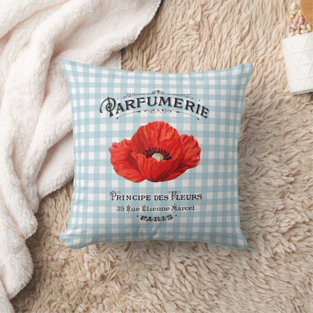 French Country Perfume Red Poppy Teal Checkered Throw Pillow (Blanket)