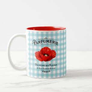 French Country Perfume Red Poppy Teal Checkered Two-Tone Coffee Mug