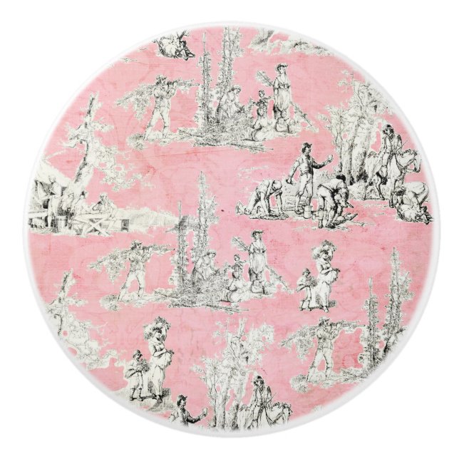 French Country Pink & Black Toile Pattern Ceramic Knob (Front)
