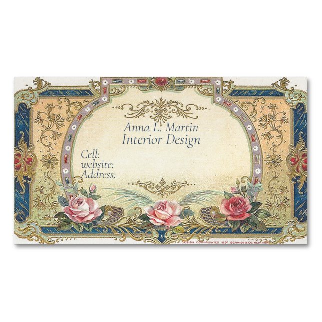 French Country Pink Roses Gold Filigree Business Card Magnet (Front)