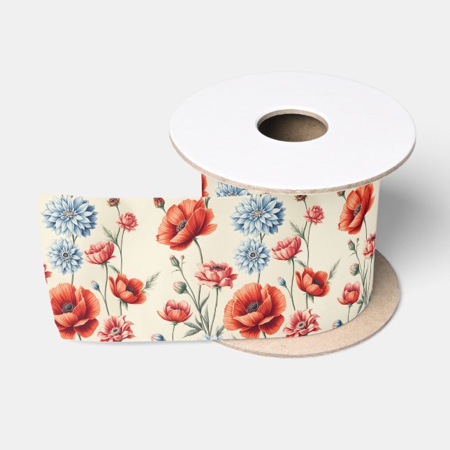 French Country Poppy and Dahlia  Satin Ribbon (Spool)