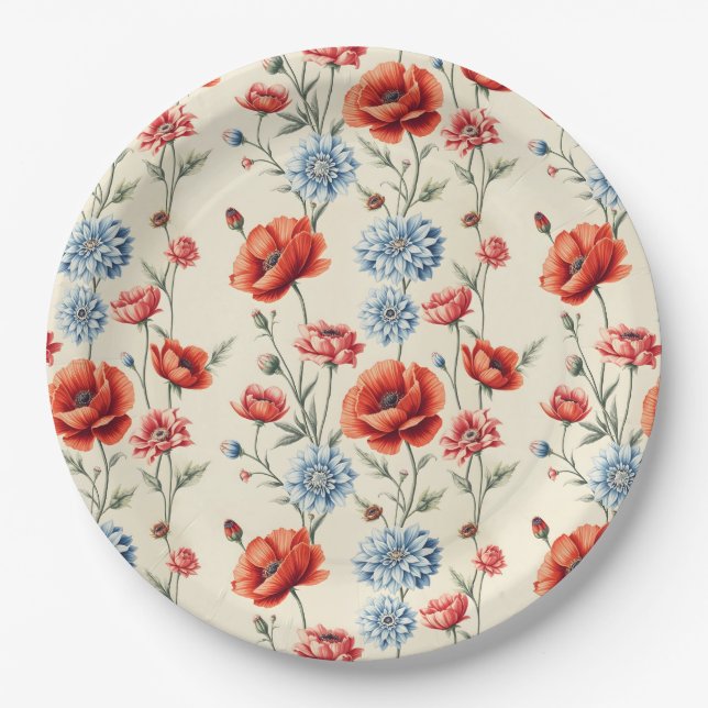 French Country Poppy and Dahlia Toile Paper Plates (Front)