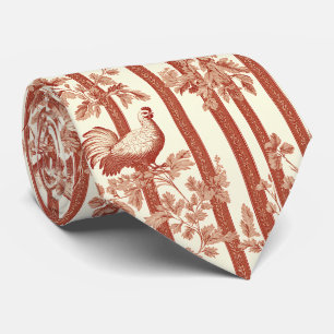 French Country Red Hen Floral Toile Pattern Neck Tie