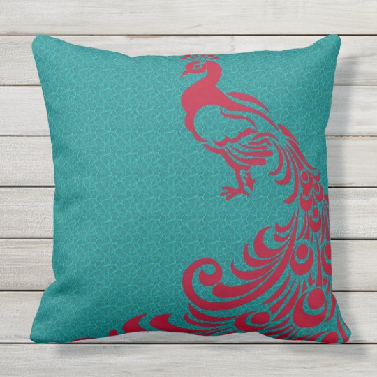 FrenchCountryRed_PeacocksOutdoorIndoor Throw Pillow