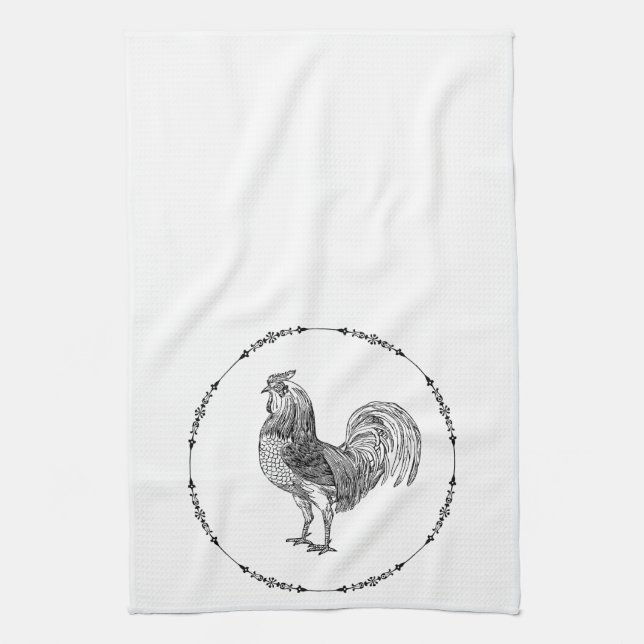 French Country Rooster Black and White Kitchen Towel (Vertical)