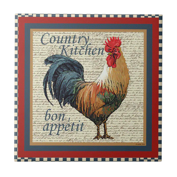 Rooster Ceramic Tile Chicken Scenes Number 1 2 3 and 4  size 4.25" x 4.25" Decor 