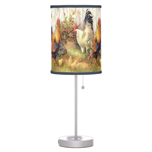 French Country Roosters Hens Print Table Lamp