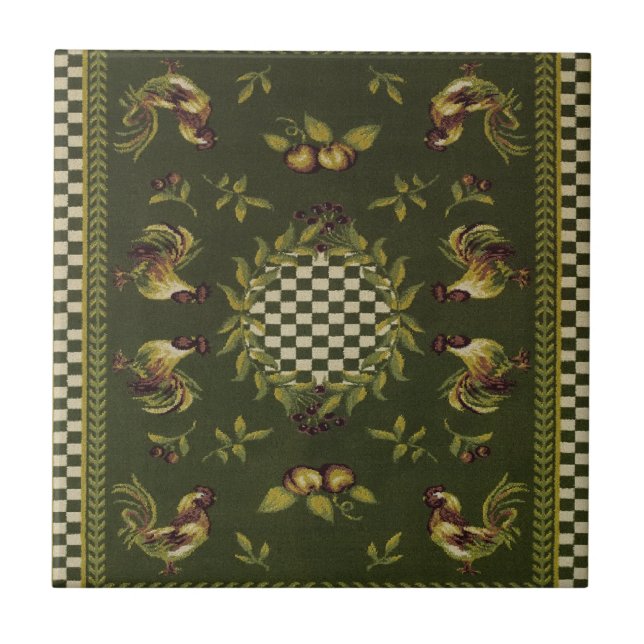 French Country Roosters Olive Ceramic Tile (Front)