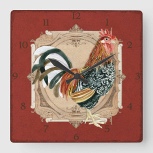 French Country Roosters Vintage Antique Home Decor Square Wall Clock