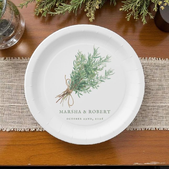 French Country Rosemary Rustic Botanical Wedding Paper Plates (Creator Uploaded)