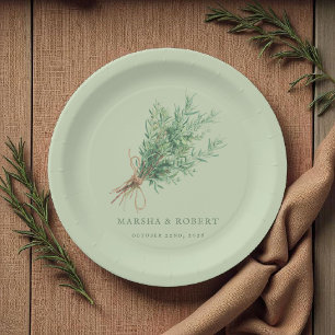 French Country Rosemary Rustic Botanical Wedding Paper Plates