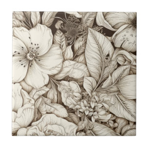 French Country Sepia Floral Botanical Cream Ceramic Tile