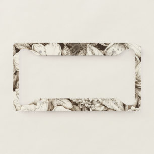 French Country Sepia Floral Botanical Cream License Plate Frame