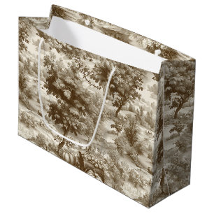 French Country Sepia Pumpkin Toile Pattern Large Gift Bag