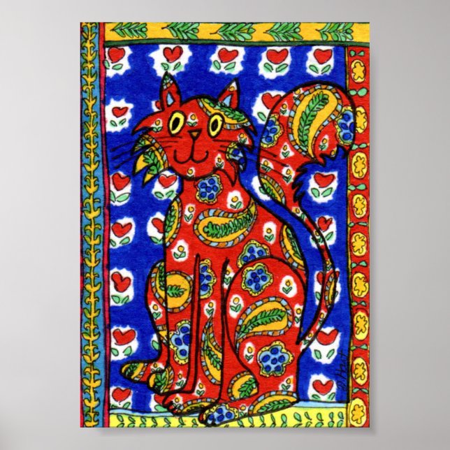 French Country Style Red Paisley Cat Mini Folk Art Poster (Front)