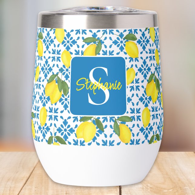 French Country Tile Lemon Pattern Name Monogram Thermal Wine Tumbler (Creator Uploaded)