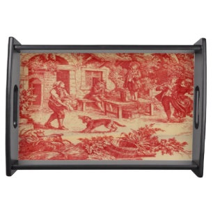 French Country Toile Cream Red Print Serving Tray