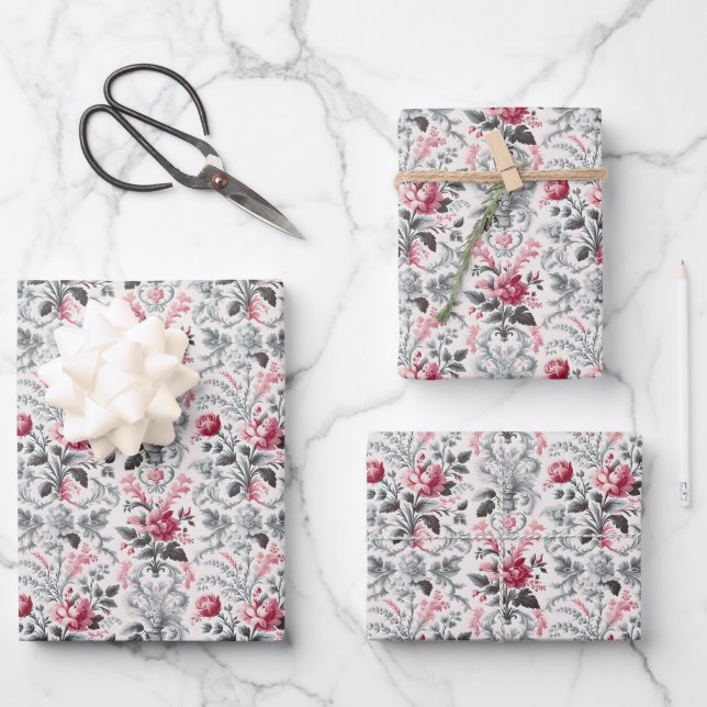 French Country Toile Fleurie Rose Design Wrapping Paper Sheets (Front)