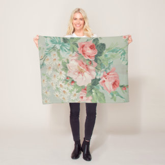 French Country Vintage Antique Cabbage Roses Fleece Blanket