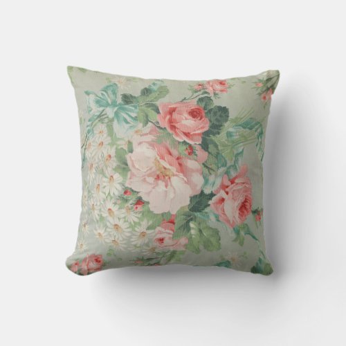 French Country Vintage Antique Cabbage Roses Throw Pillow