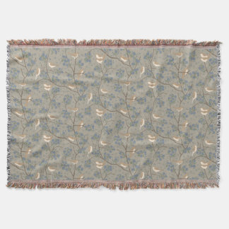 French Country Vintage Birds and Flowers Blue Throw Blanket