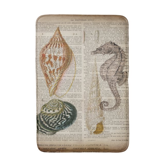 french country vintage seashell seahorse bath mat (Front Vertical)