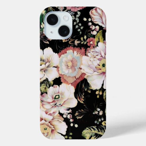 french country vintage victorian black floral iPhone 15 case