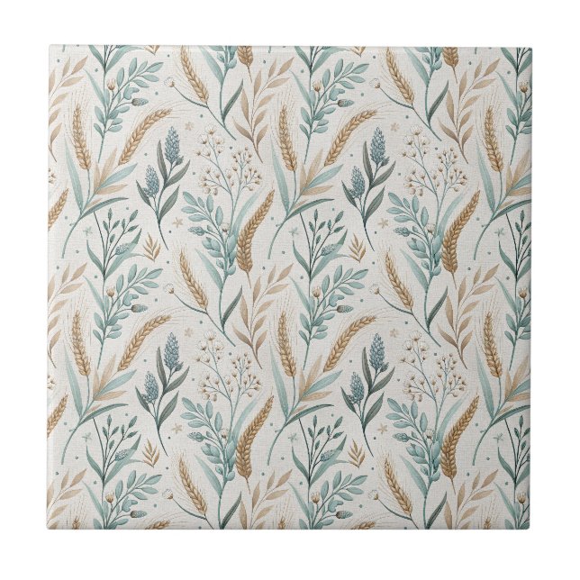 French Country Wheat & Wildflower Floral Pattern Ceramic Tile (Front)