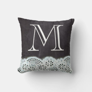 French country white lace chalkboard monogram throw pillow