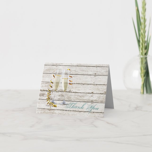 french country whitewashed wood champagne flutes thank you card (Front)