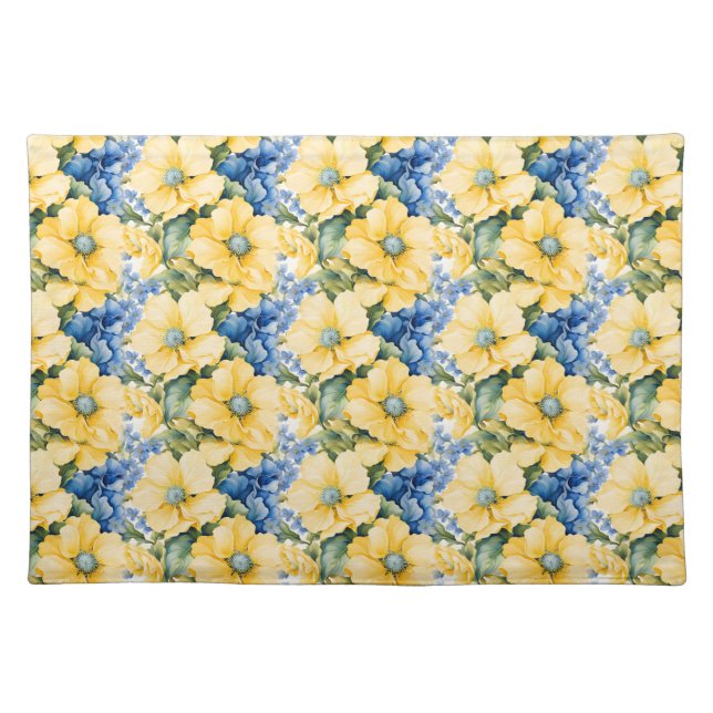 French Country Yellow and Blue Flowers Cloth Placemat (Front)