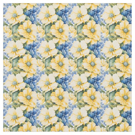 French Country Yellow and Blue Flowers Fabric