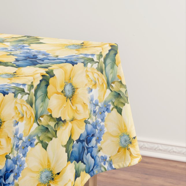 French Country Yellow and Blue Flowers Tablecloth (In Situ)