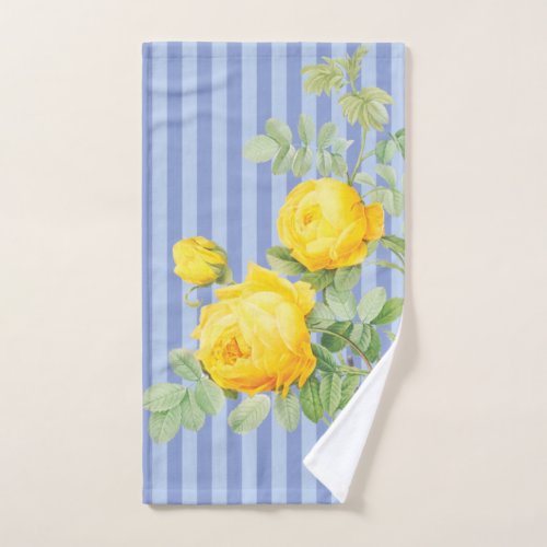 French Country Yellow Roses on Blue Stripes Hand Towel
