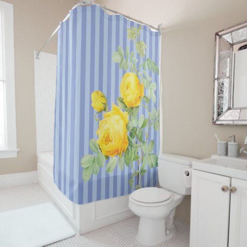 French Country Yellow Roses on Blue Stripes Shower Curtain