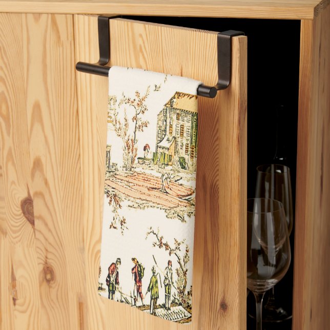 French Creme Toile Chinoiserie Style Rustic  Kitchen Towel (Thirds Fold)